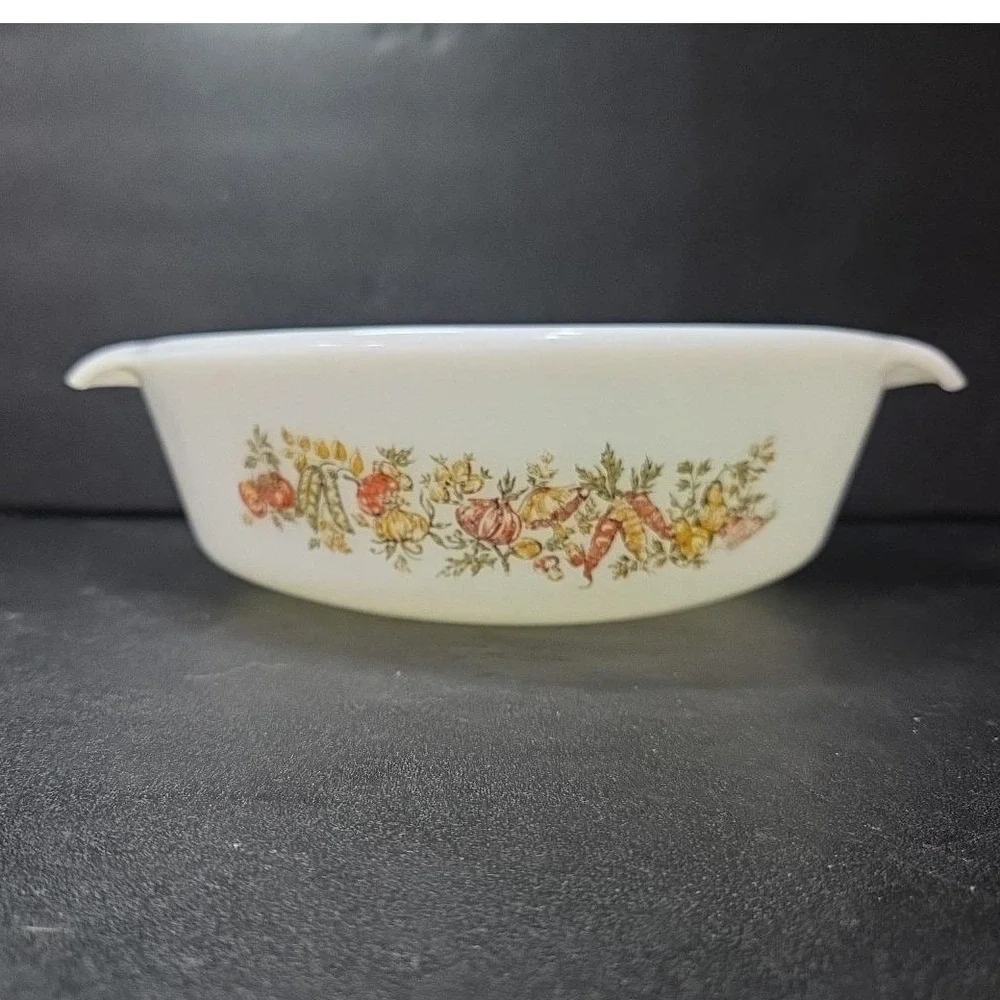 Anchor Hocking Fire King 1qt Casserole Dish #637, Fall Harvest Vegetable Design